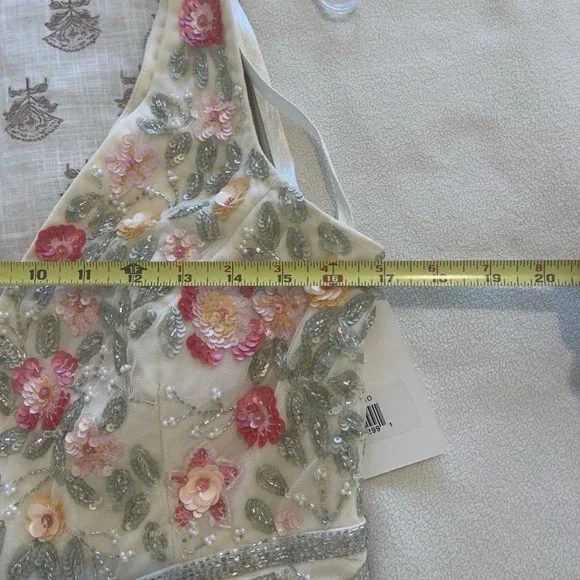 NWT Mac Duggal Cream Midi Dress with Pink & Green Floral Embroidery - Picture 10 of 11